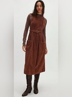 Free People The Other Side Corduroy Midi Dress Umber Earth Belted Pockets Size 6